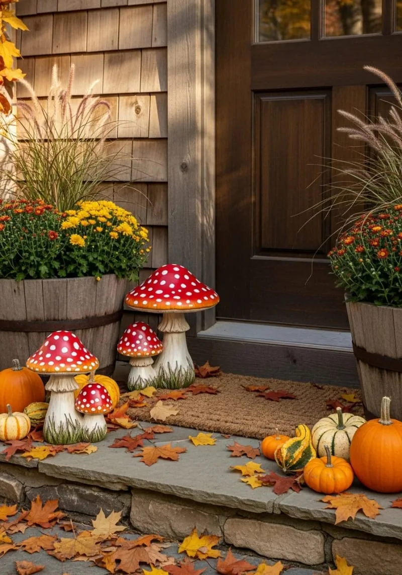 whimsical mushroom figurines nestled among fallen leaves 1 whimsical mushroom figurines nestled among fallen leaves 1