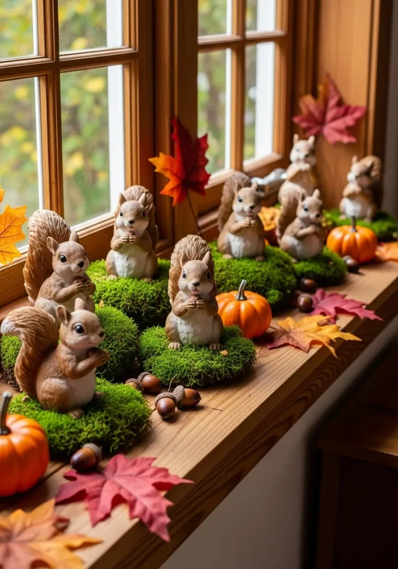 whimsical squirrel figurines nestled among moss on window sills 1