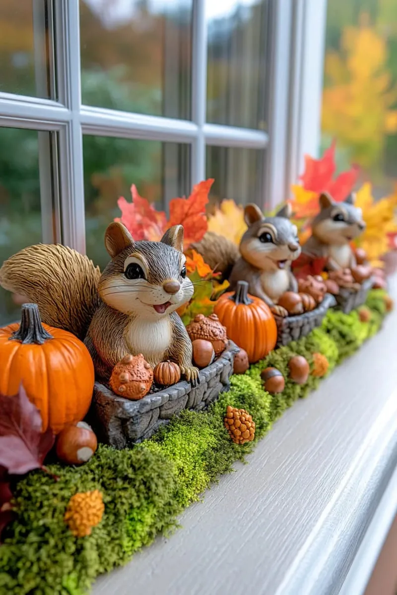 whimsical squirrel figurines nestled among moss on window sills 1