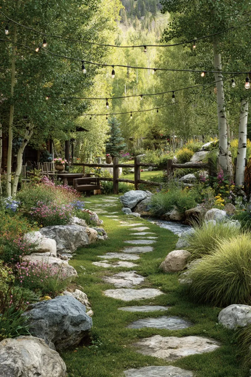 whimsical winding path of oversized stepping stones and ornamental grasses 1
