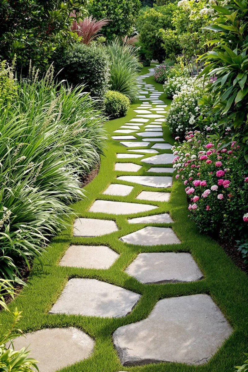 whimsical winding path of oversized stepping stones and ornamental grasses 1