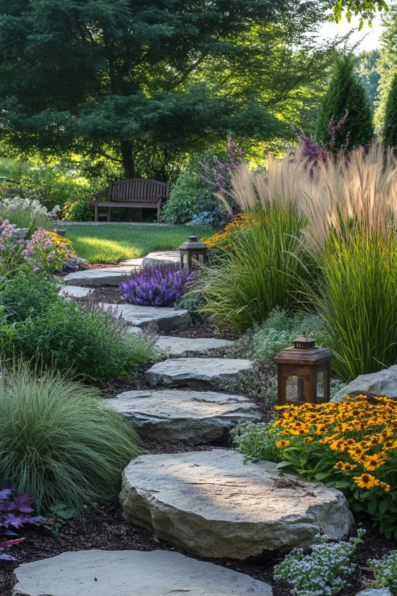 whimsical winding path of oversized stepping stones and ornamental grasses 1