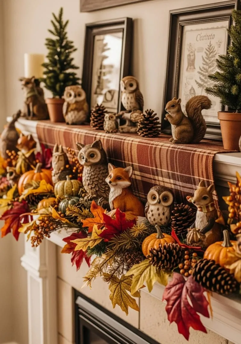 whimsical woodland animal figurines nestled among fall foliage 1