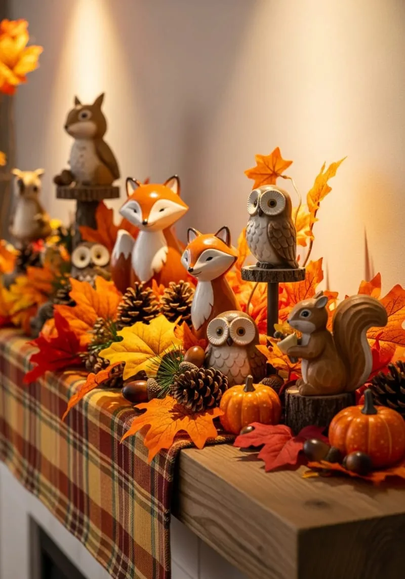 whimsical woodland animal figurines nestled among fall foliage 1