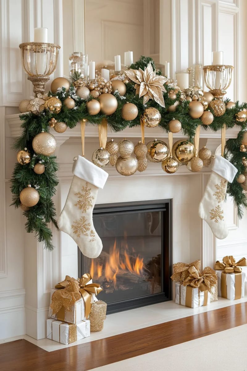 white and gold mantel with layered greenery and shimmered ornaments 1