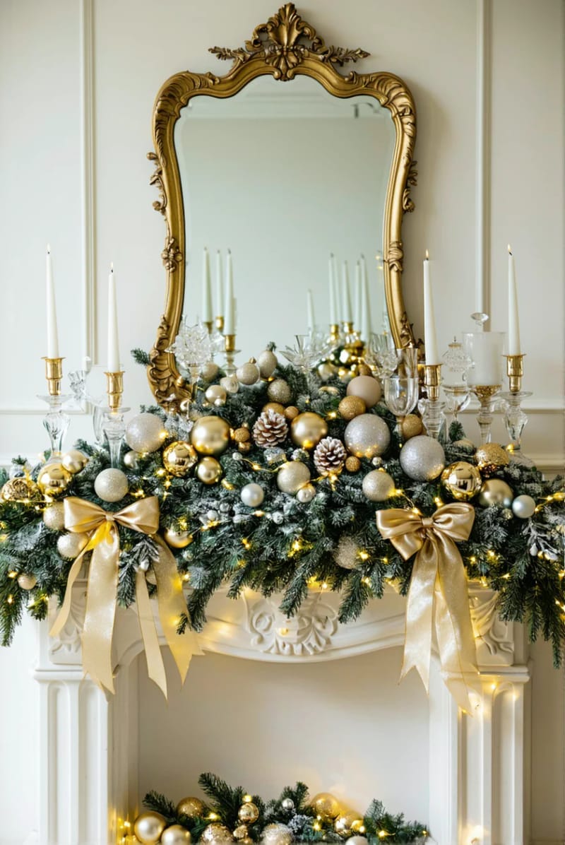 white and gold mantel with layered greenery and shimmered ornaments 1