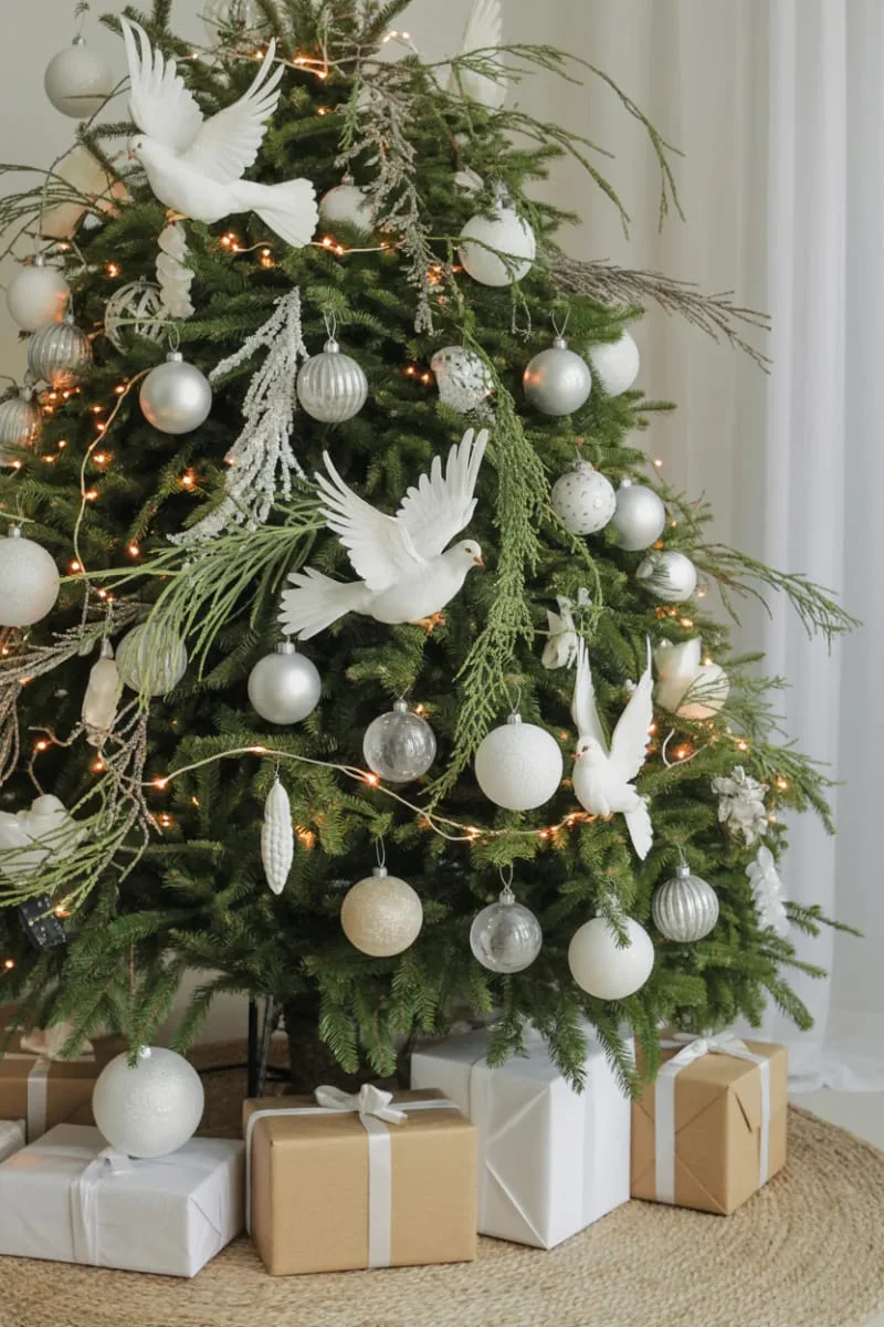 31 Dreamy Christmas Tree Decorations for a Unique Festive Touch 68 white doves and olive branches for a peaceful, neutral christmas tree 1
