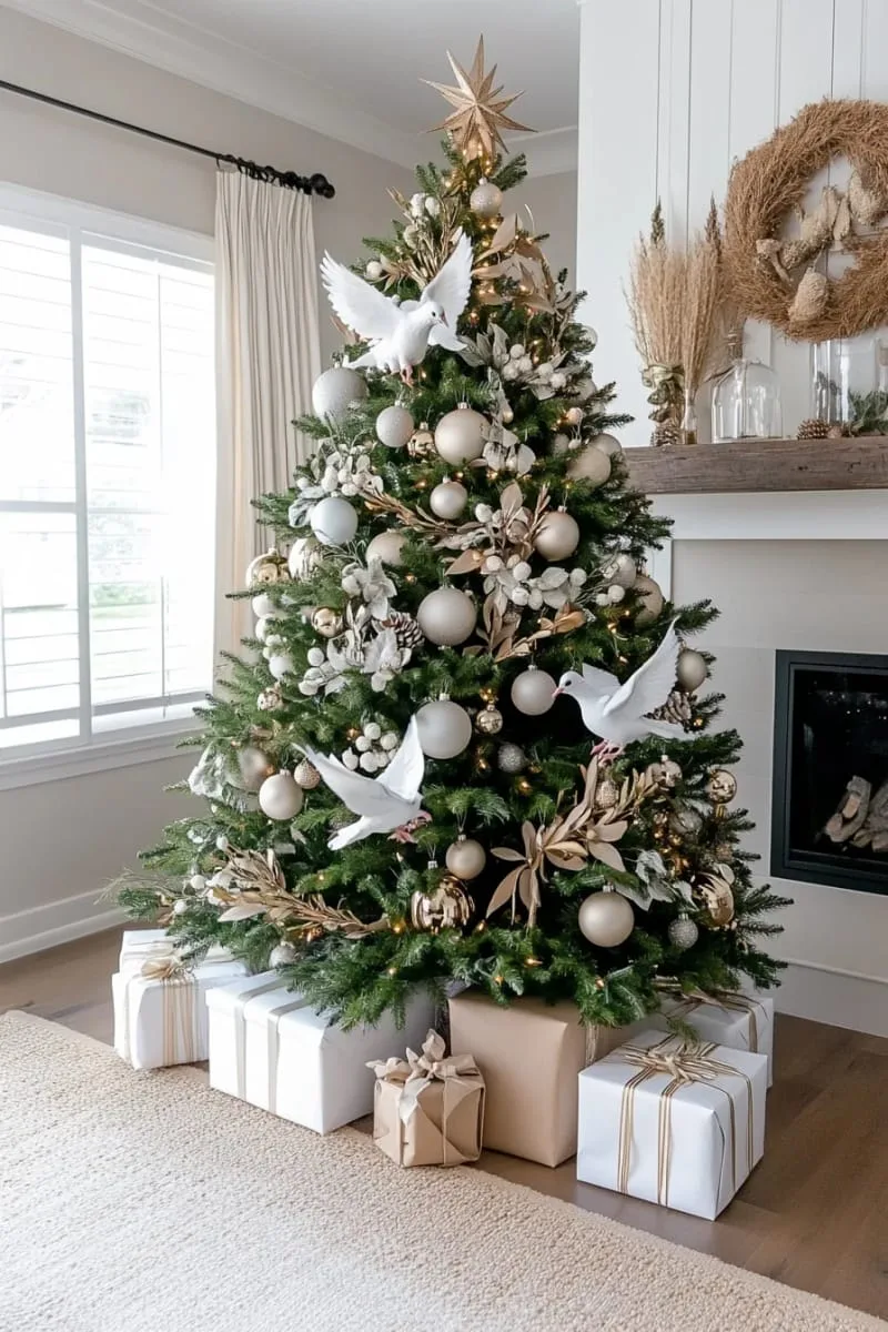 31 Dreamy Christmas Tree Decorations for a Unique Festive Touch 70 white doves and olive branches for a peaceful, neutral christmas tree 1