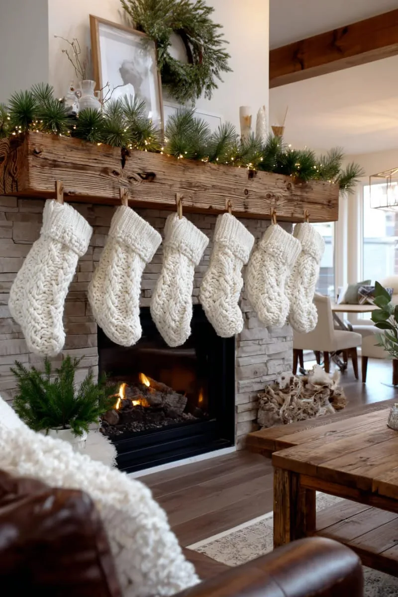 white knit stockings hung with wooden clothespins on a reclaimed wood mantel 1