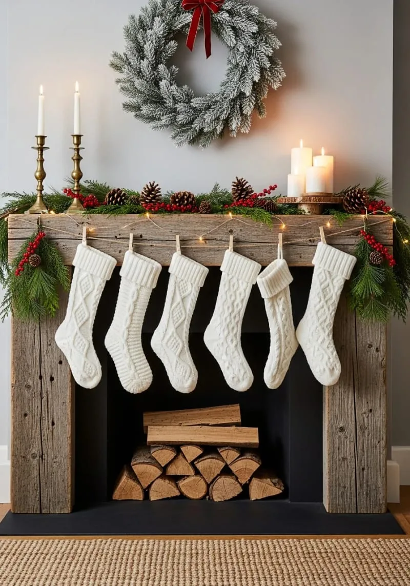 white knit stockings hung with wooden clothespins on a reclaimed wood mantel 1