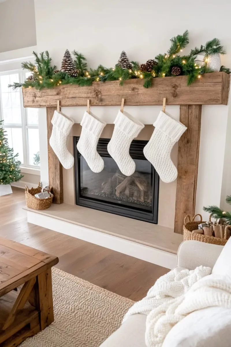 white knit stockings hung with wooden clothespins on a reclaimed wood mantel 1