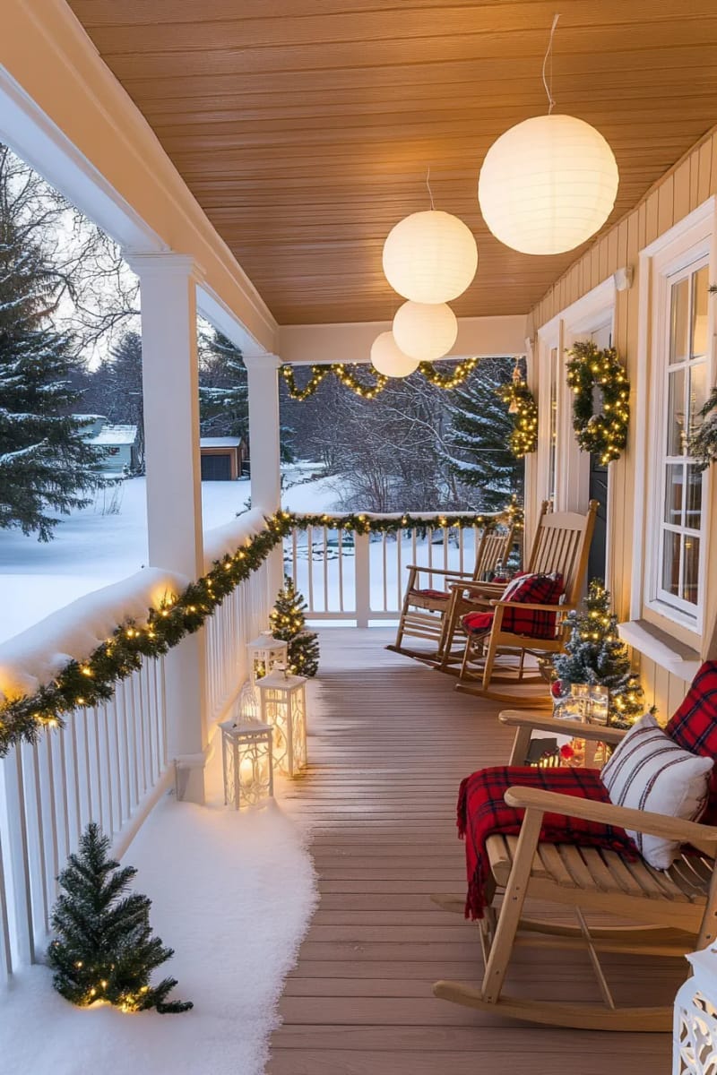 31 Outdoor Christmas Decorations: Ideas for a Magical Welcome 50 white light spheres suspended from porch ceilings 1