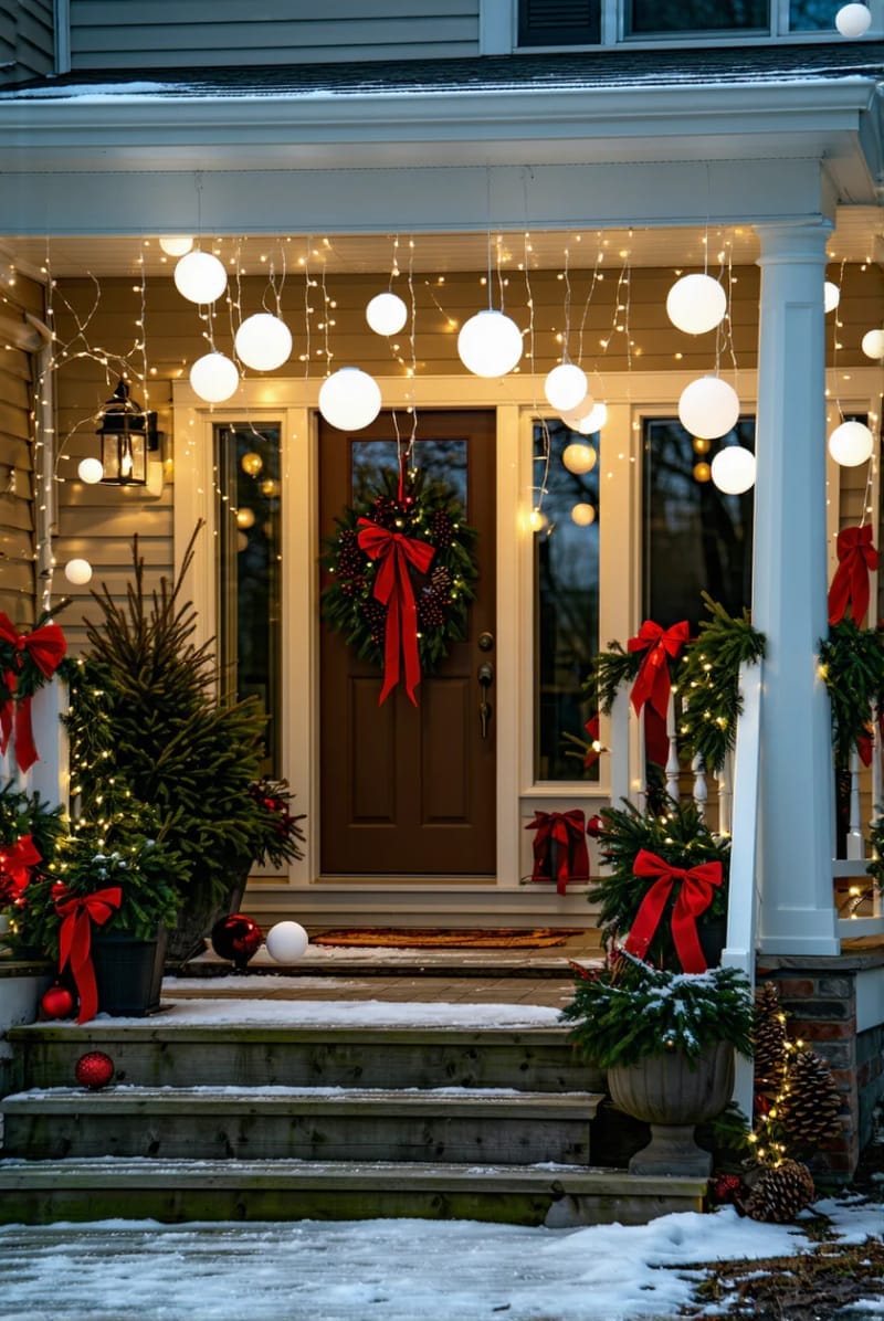 31 Outdoor Christmas Decorations: Ideas for a Magical Welcome 51 white light spheres suspended from porch ceilings 1
