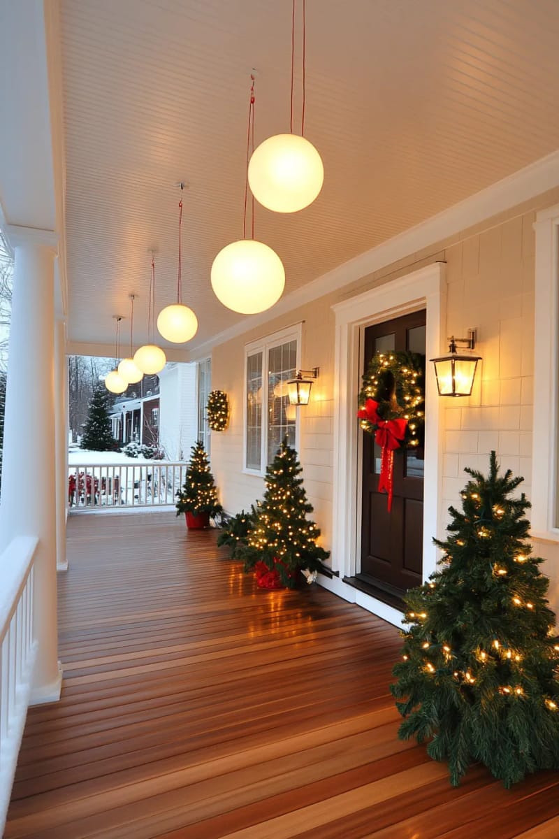 31 Outdoor Christmas Decorations: Ideas for a Magical Welcome 52 white light spheres suspended from porch ceilings 1