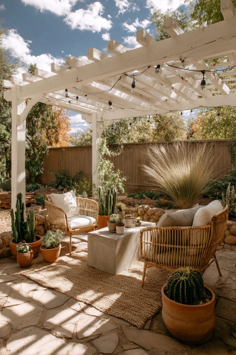 white pergola over a small patio with potted succulents and cacti 1