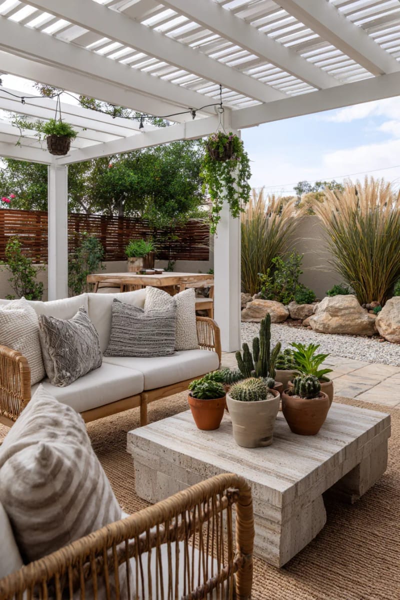 white pergola over a small patio with potted succulents and cacti 1