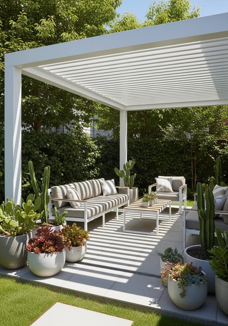white pergola over a small patio with potted succulents and cacti 1