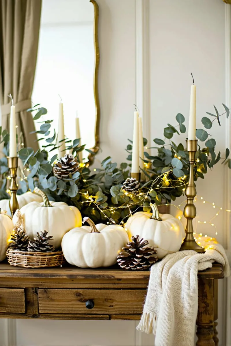 white pumpkin ornaments paired with frosted eucalyptus stems 1