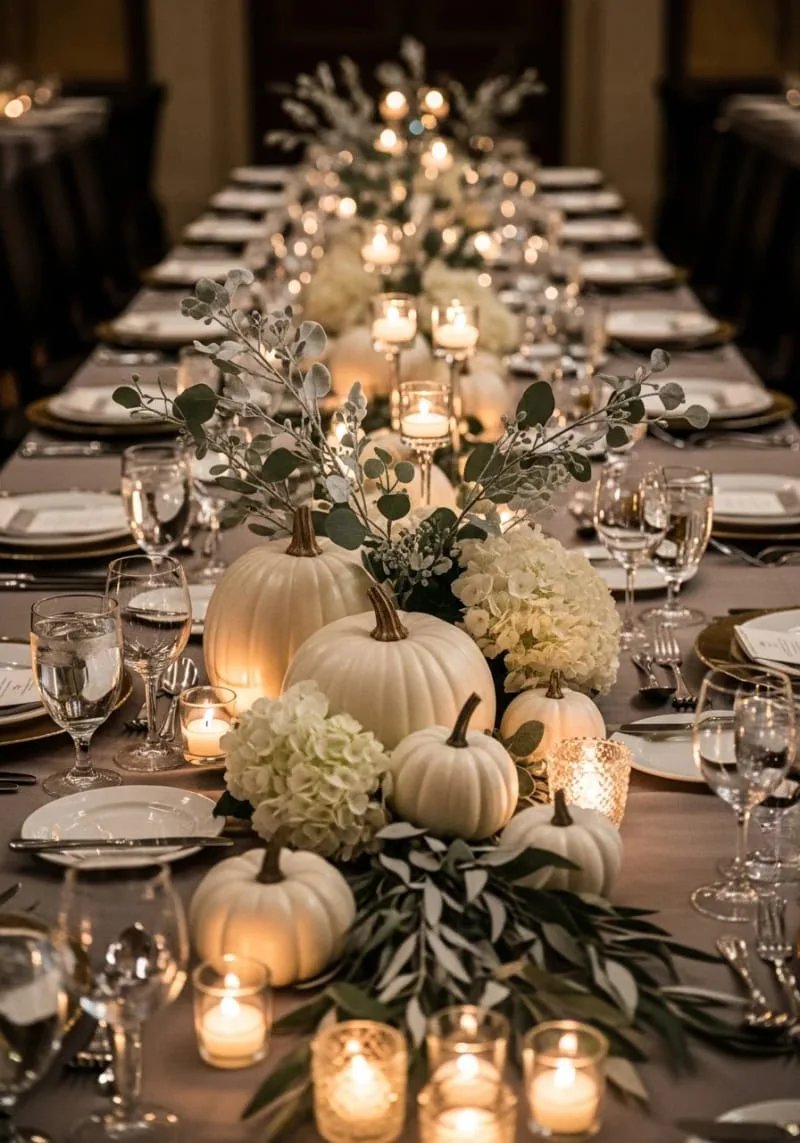 white pumpkin ornaments paired with frosted eucalyptus stems 1