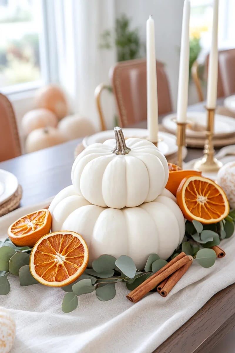 white pumpkin stack surrounded by dried orange slices for a modern centerpiece 1