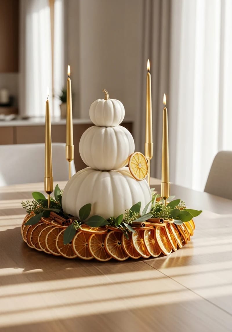 white pumpkin stack surrounded by dried orange slices for a modern centerpiece 1