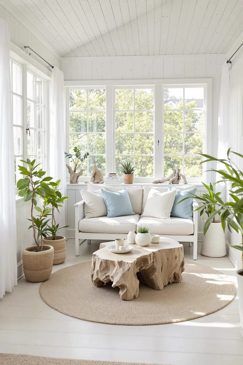 19 Small Sunroom Ideas to Brighten Small Spaces 32 whitewashed walls and driftwood accents for a breezy coastal vibe 1