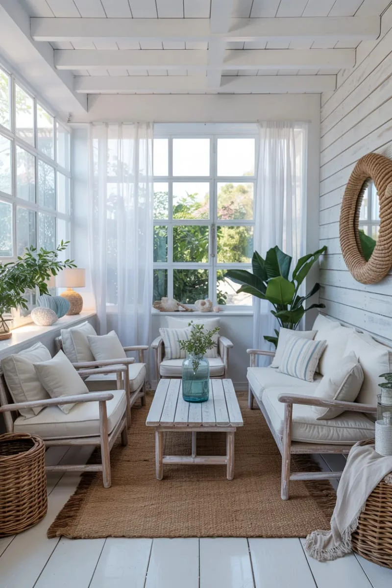 19 Small Sunroom Ideas to Brighten Small Spaces 33 whitewashed walls and driftwood accents for a breezy coastal vibe 1