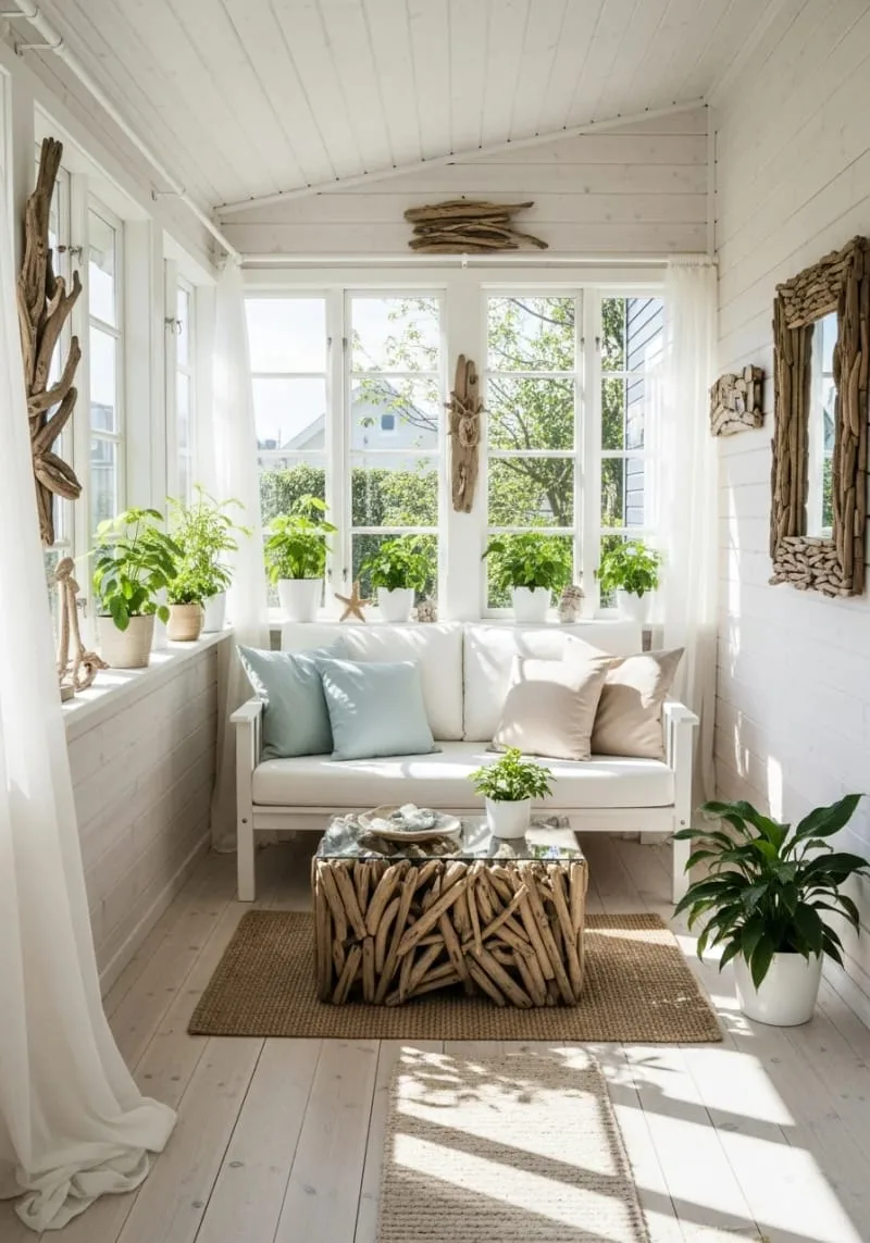 19 Small Sunroom Ideas to Brighten Small Spaces 34 whitewashed walls and driftwood accents for a breezy coastal vibe 1