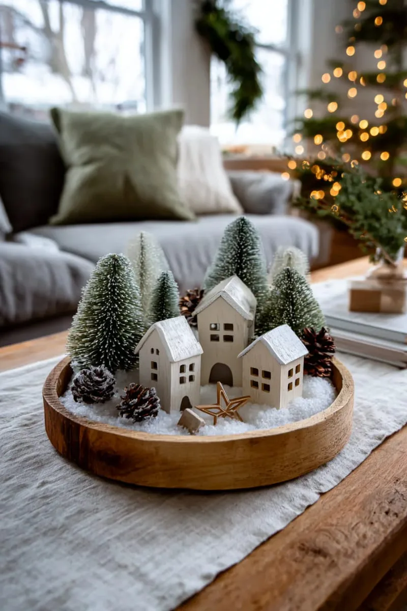 whitewashed wooden houses and bottle brush trees on a round tray 1