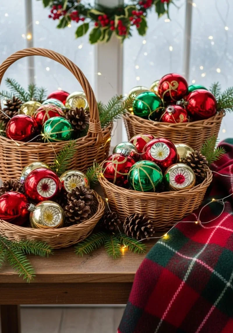 wicker baskets filled with vintage glass ornaments and pinecones 1