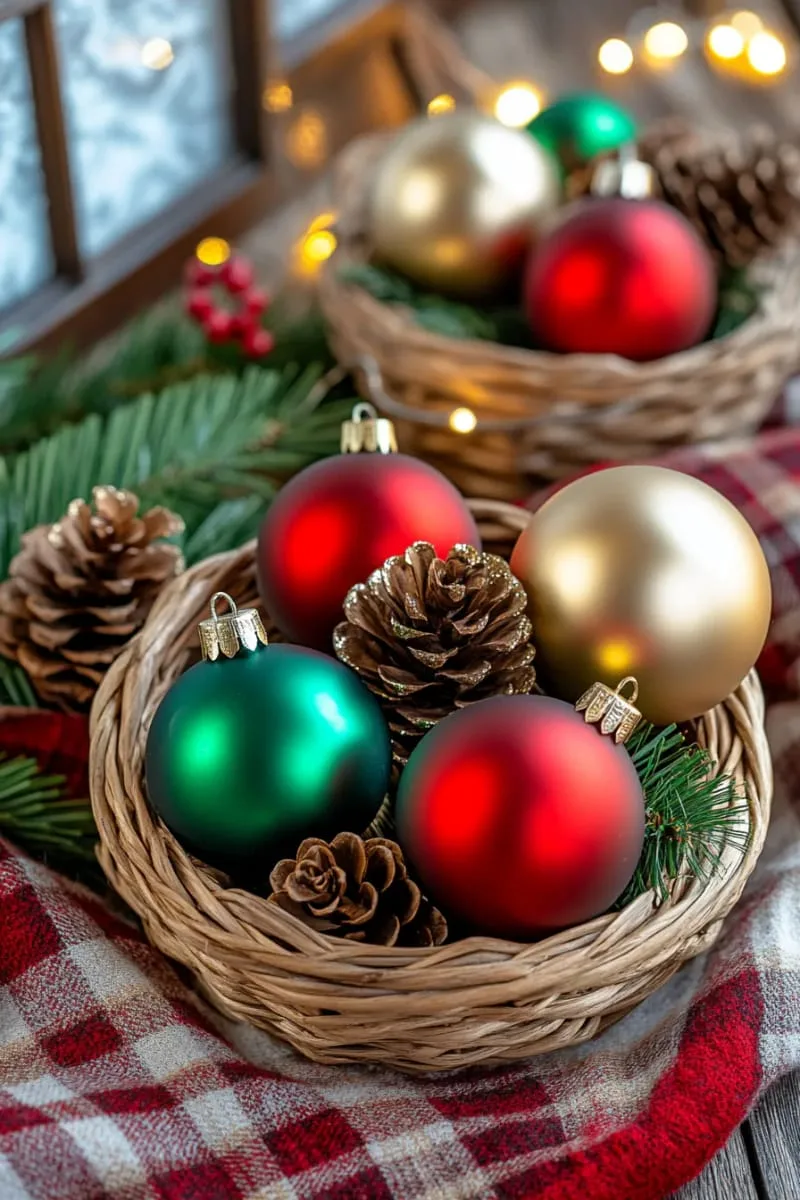 wicker baskets filled with vintage glass ornaments and pinecones 1