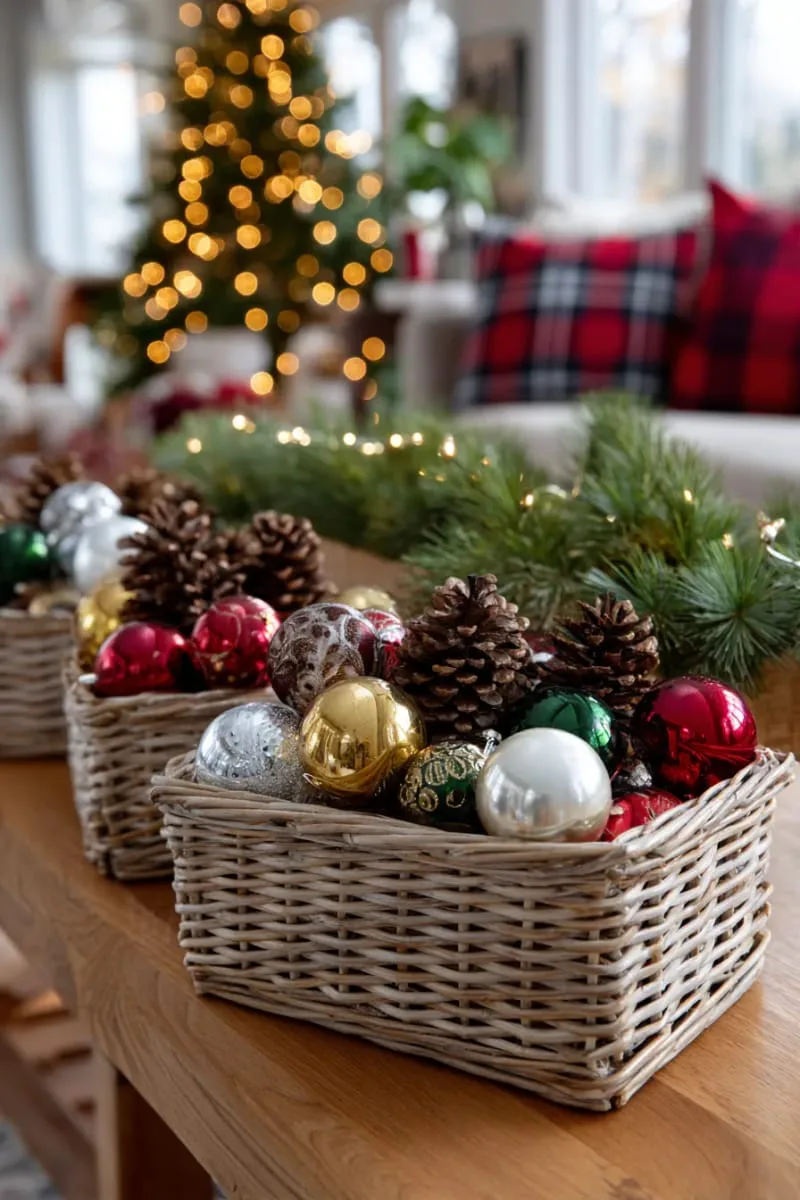 wicker baskets filled with vintage glass ornaments and pinecones 1