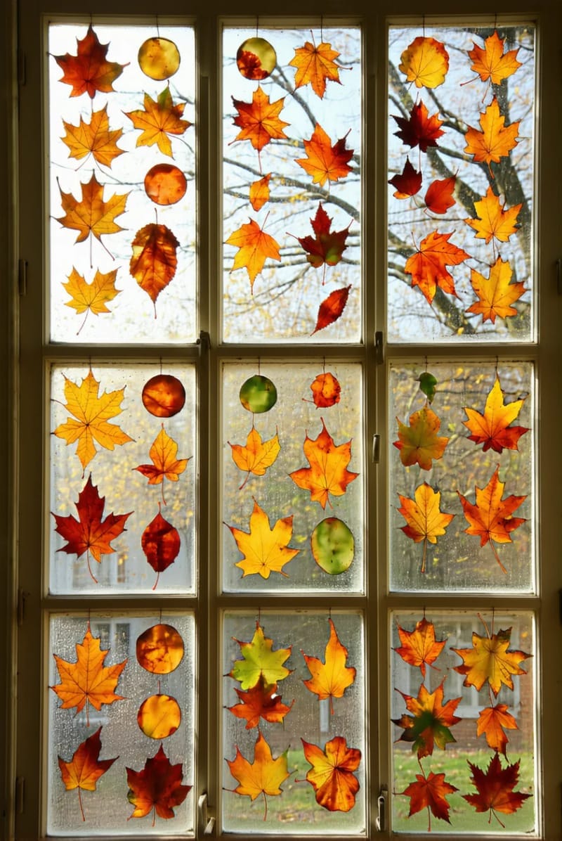 window hangings of pressed leaves for a stained-glass effect 1