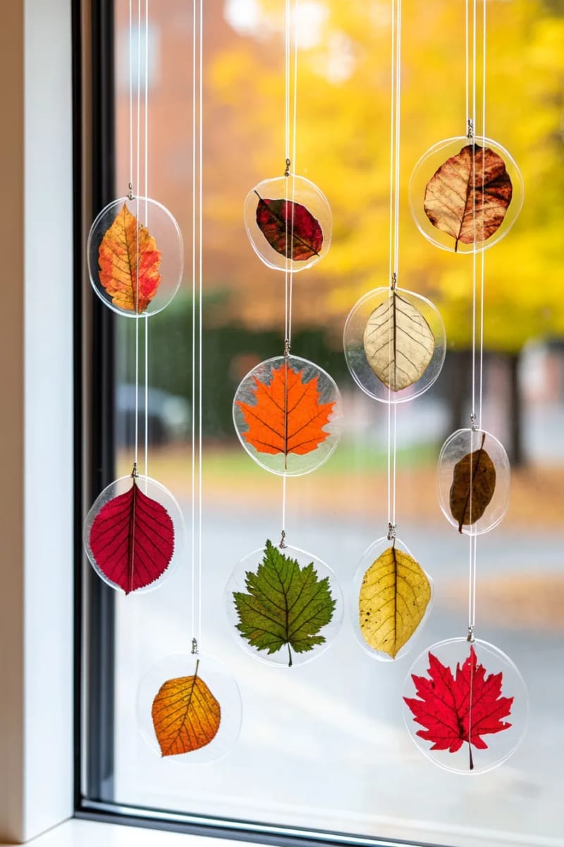 window hangings of pressed leaves for a stained-glass effect 1