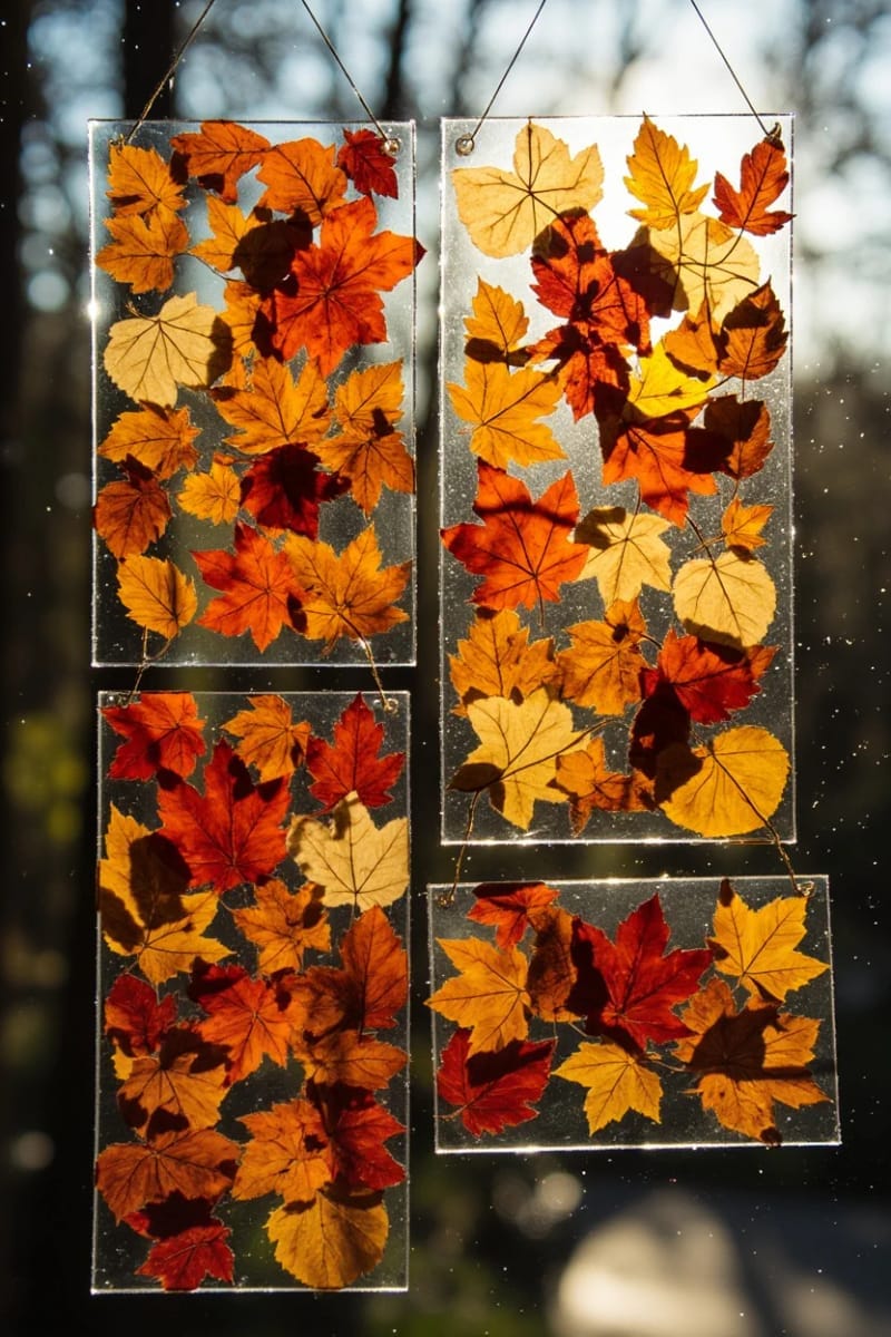 window hangings of pressed leaves for a stained-glass effect 1