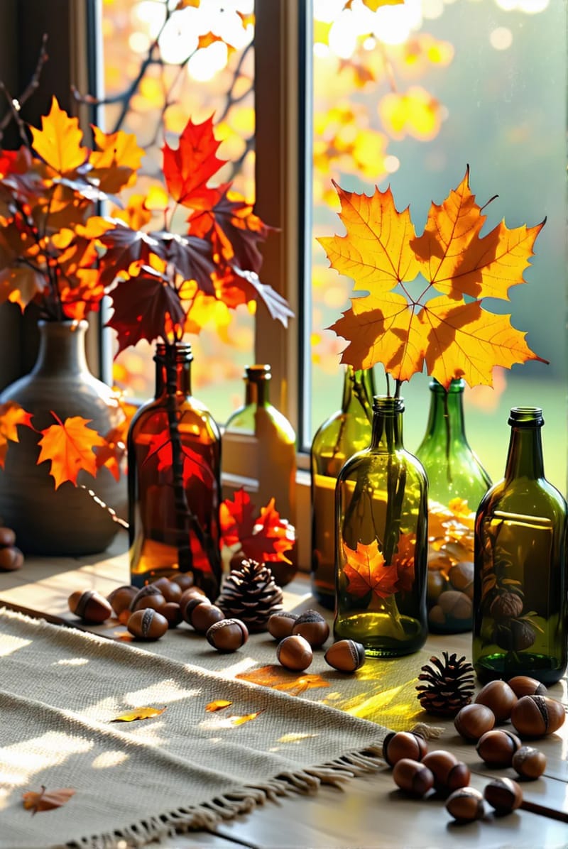 window sill collection of glass bottles filled with autumn leaves 1