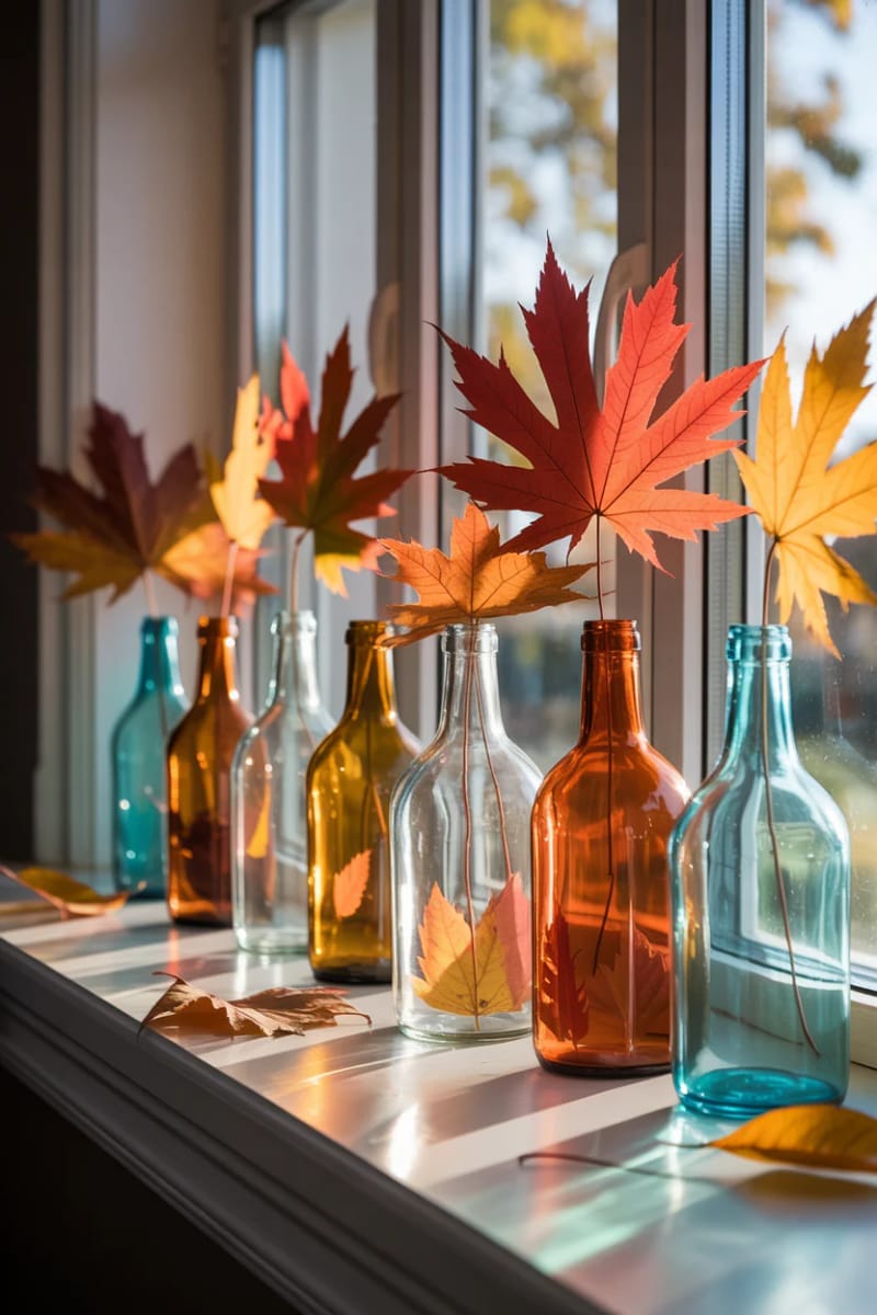window sill collection of glass bottles filled with autumn leaves 1
