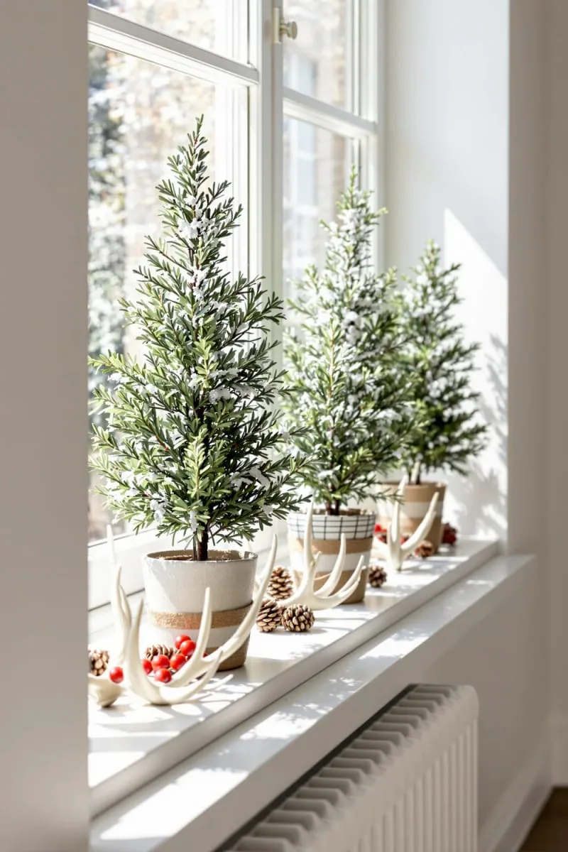 window sill display of mini evergreen trees and antlers 1 window sill display of mini evergreen trees and antlers 1
