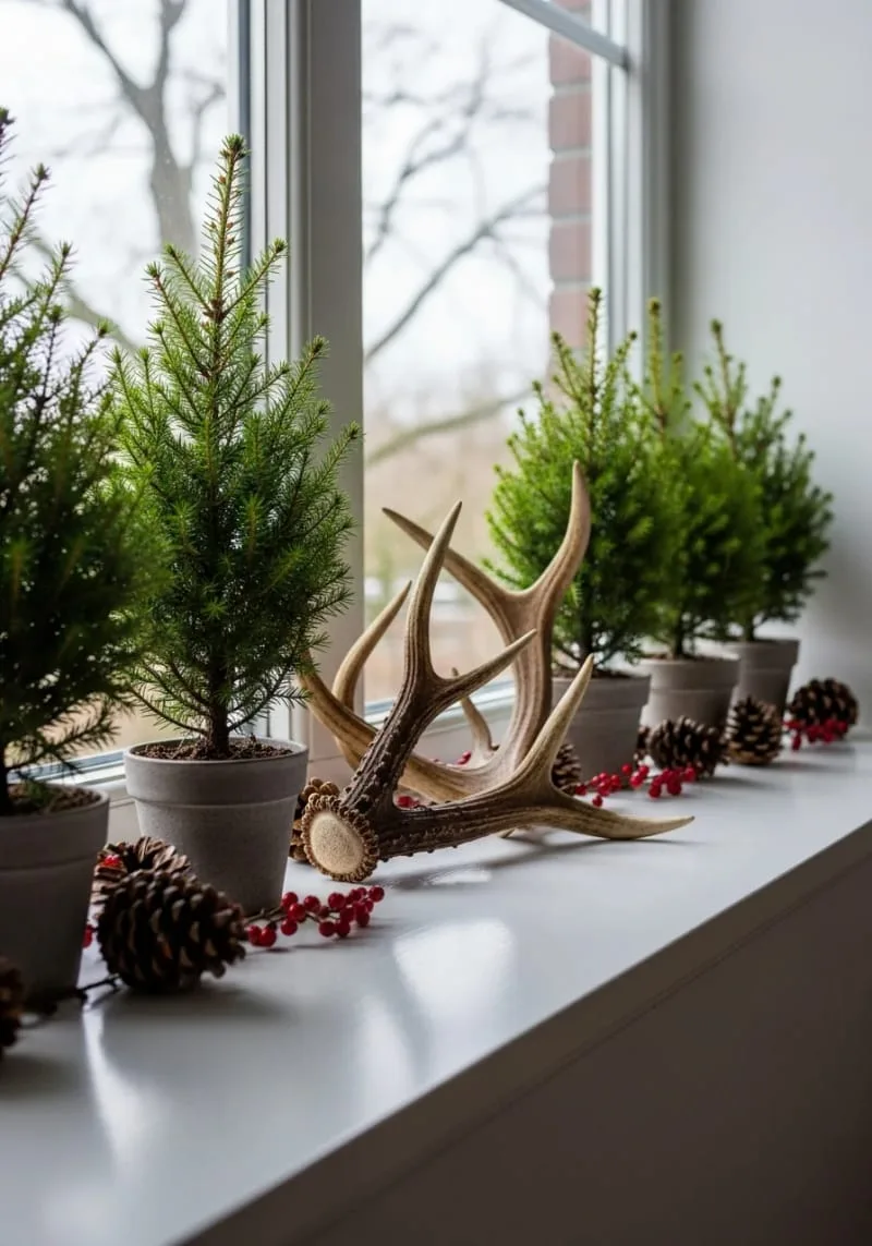 window sill display of mini evergreen trees and antlers 1 window sill display of mini evergreen trees and antlers 1
