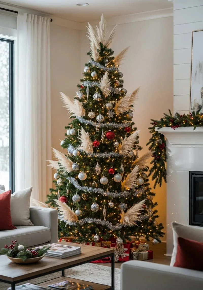 31 Dreamy Christmas Tree Decorations for a Unique Festive Touch 20 wispy pampas grass plumes tucked among classic ornaments for natural christmas decor 1