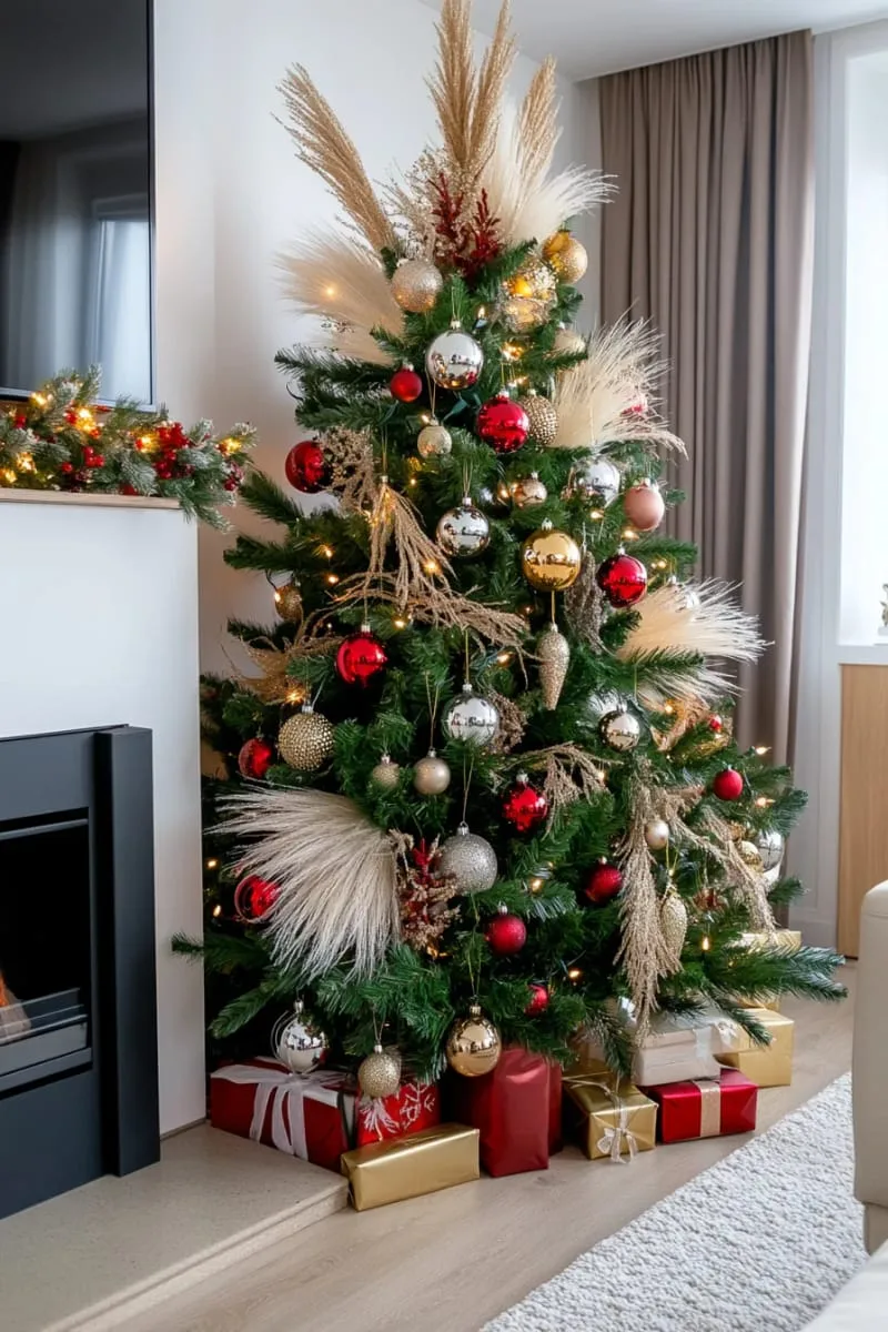 31 Dreamy Christmas Tree Decorations for a Unique Festive Touch 21 wispy pampas grass plumes tucked among classic ornaments for natural christmas decor 1