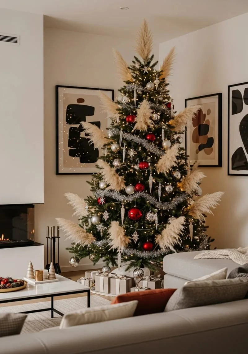 31 Dreamy Christmas Tree Decorations for a Unique Festive Touch 22 wispy pampas grass plumes tucked among classic ornaments for natural christmas decor 1