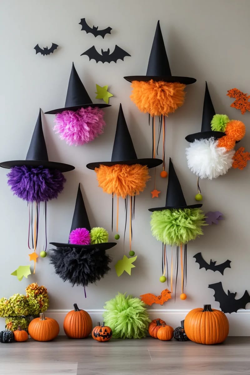 21 Super Cute Halloween Decor Ideas With A Unique Style 24 witch hat wall hangings with pompom trims 1
