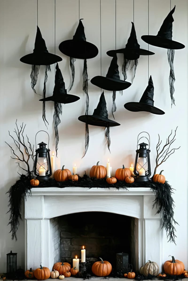 witch hats “floating” above the mantle with trailing black garland and lanterns 1