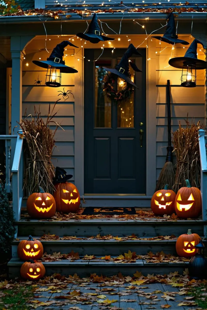 21 Unique Outdoor Halloween Decorations to Try This Year 64 witch hats suspended midair with invisible fishing line 1