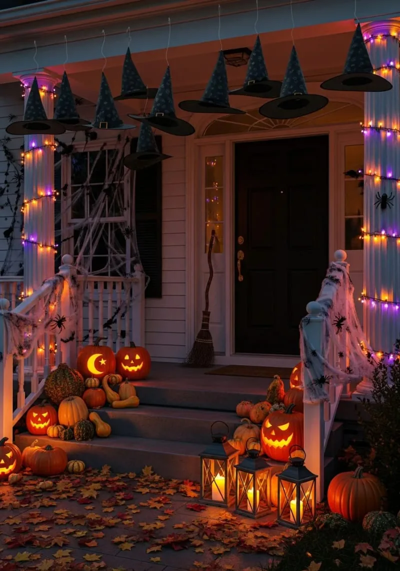 21 Unique Outdoor Halloween Decorations to Try This Year 67 witch hats suspended midair with invisible fishing line 1