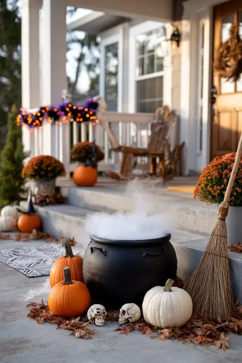 21 Halloween Porch Decorations: Ideas For A Unique Festive Entryway 67 witch’s cauldron bubbling with dry ice fog 1
