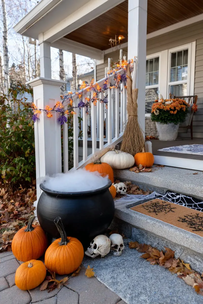 21 Halloween Porch Decorations: Ideas For A Unique Festive Entryway 70 witch’s cauldron bubbling with dry ice fog 1