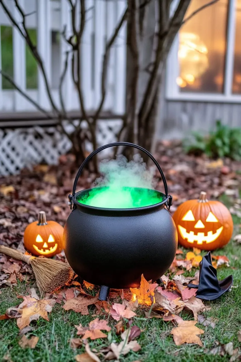 21 Unique Outdoor Halloween Decorations to Try This Year 36 witch’s cauldron bubbling with green lights and dry ice 1