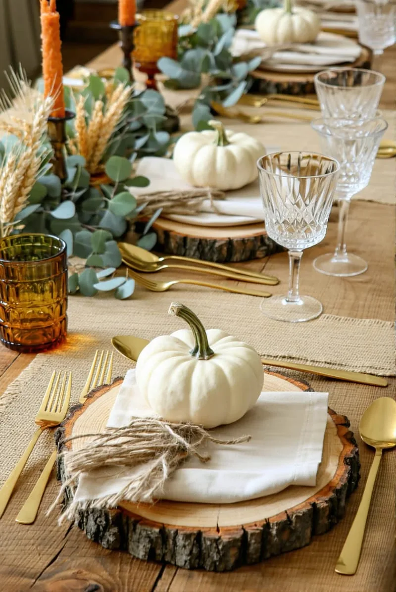 wood slice chargers topped with white ceramic pumpkins 1 wood slice chargers topped with white ceramic pumpkins 1